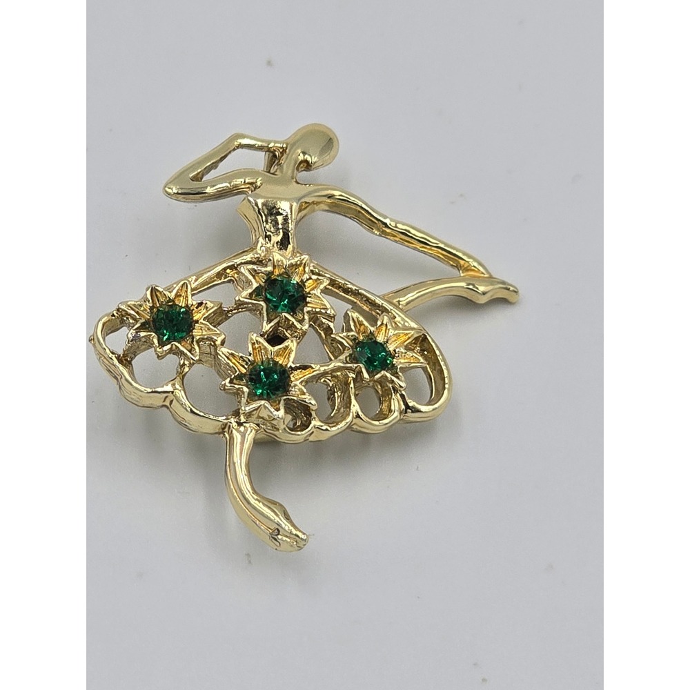 Vintage Gerry's Signed Ballerina Brooch Pin - Gold Tone & Green Rhinestones